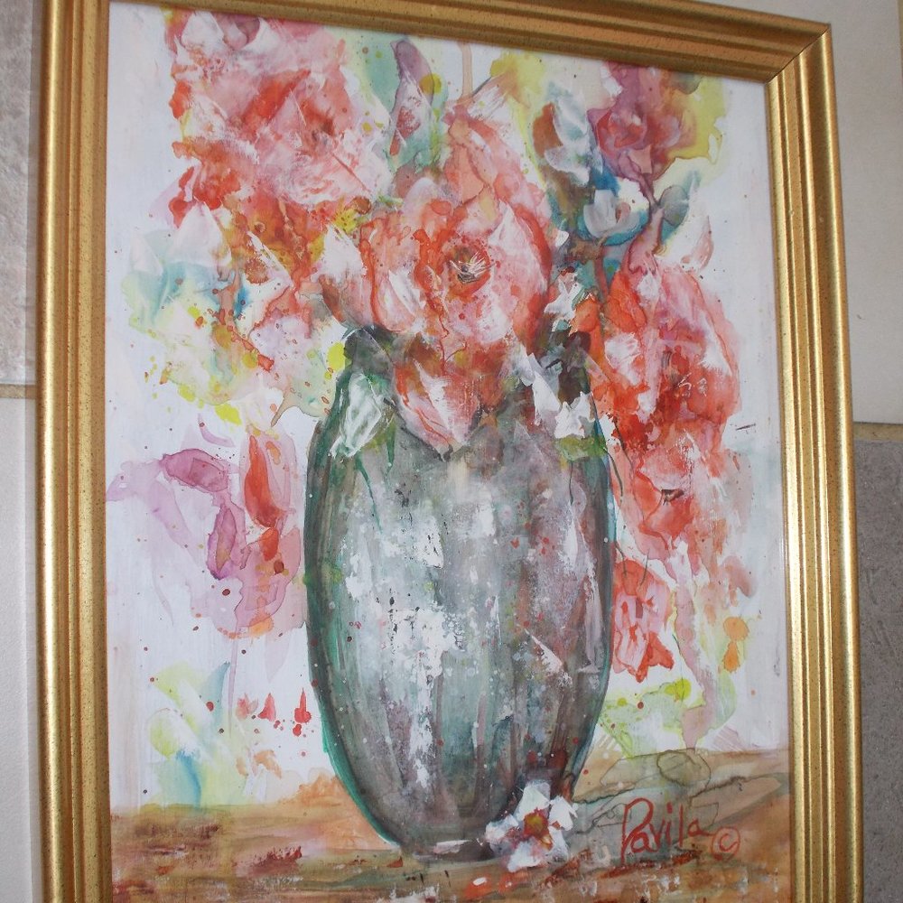 Original "Red Robin Floral" impressionistic watercolor painting, 11"x14" signed